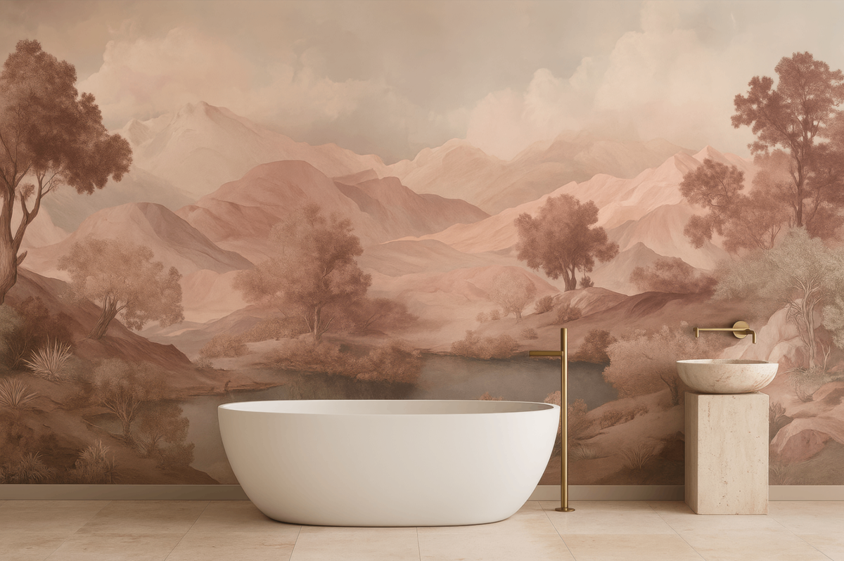 Blush terracotta spring landscape mural wallpaper – design detail