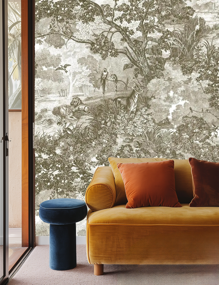 Beige monochrome forest haven mural wallpaper – design detail