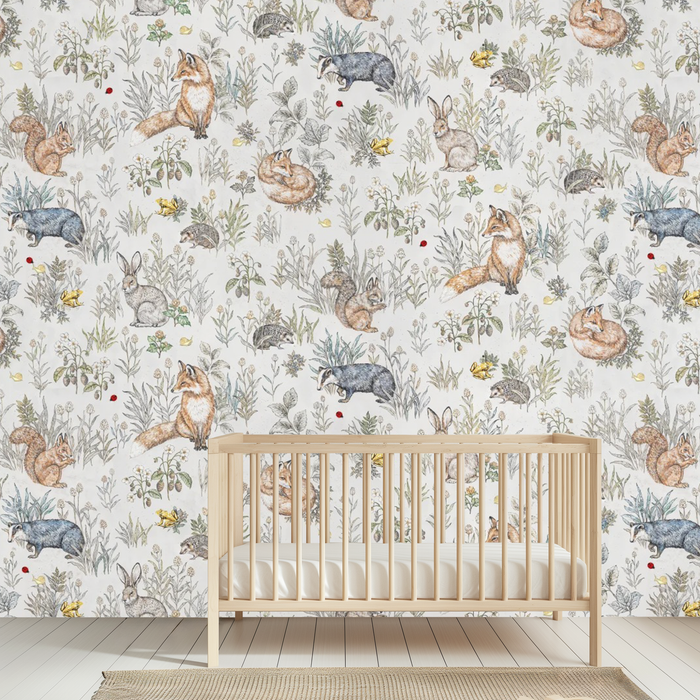 Whimsical beige woodland dreams animal mural wallpaper