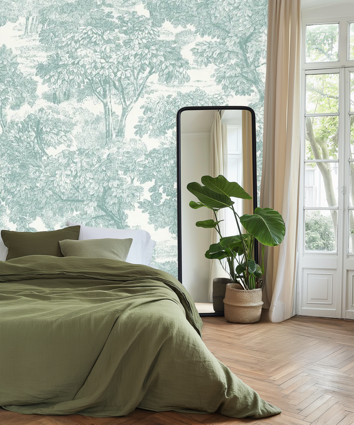 Blue and white forest haven mural wallpaper