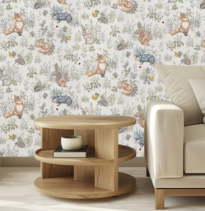 Whimsical beige woodland dreams animal mural wallpaper – design detail