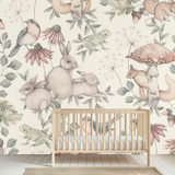 Cream floral bunny wonderland children's mural wallpaper for a kids' room
