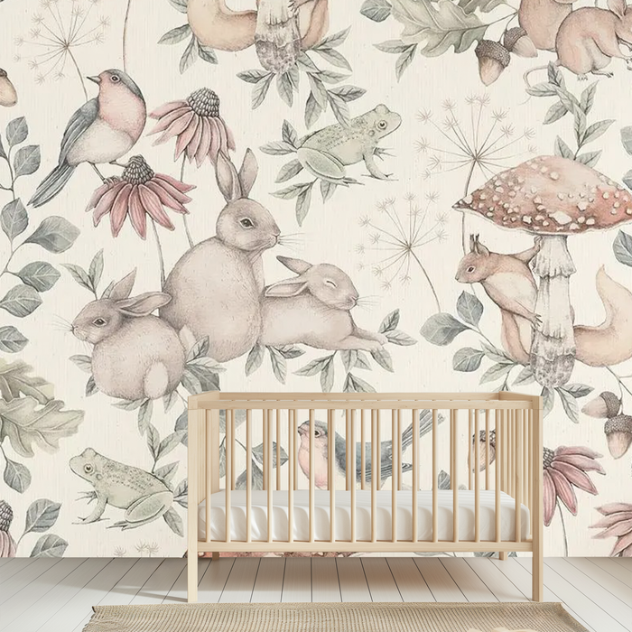 Cream floral bunny wonderland children's mural wallpaper for a kids' room