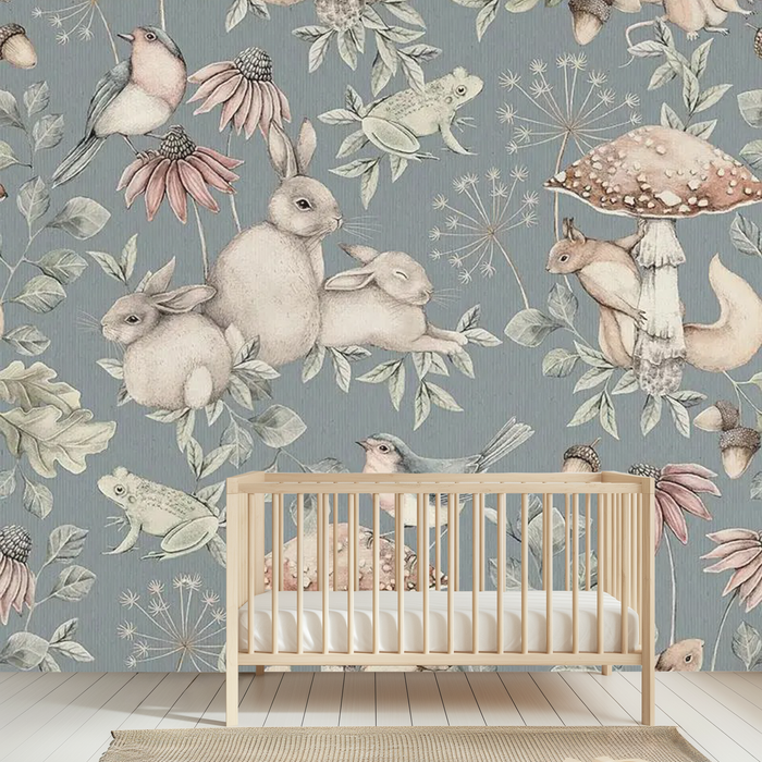 Blue floral bunny wonderland children's mural wallpaper for a kids' room