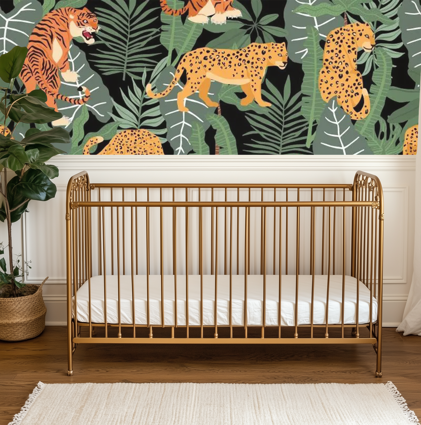 Vibrant orange and yellow leopard jungle mural wallpaper – design detail