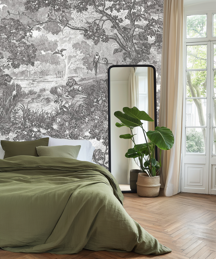 Dark monochrome lion mural wallpaper – design detail