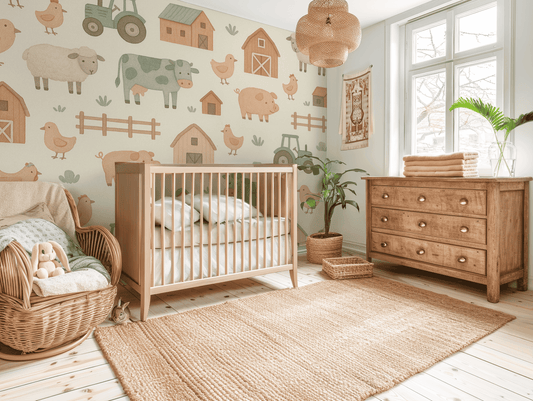 Nursery room with wooden crib, dresser, and animal-themed wallpaper.