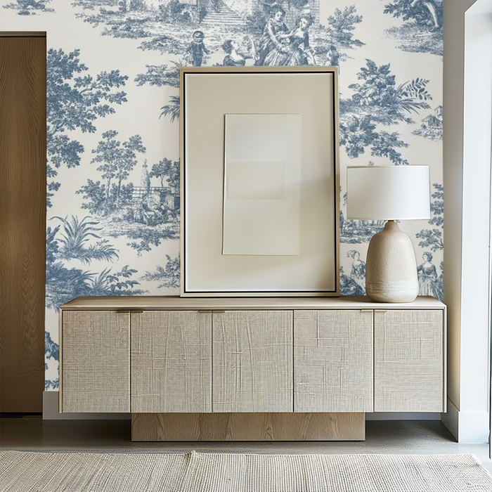 River blue and white French toile mural wallpaper
