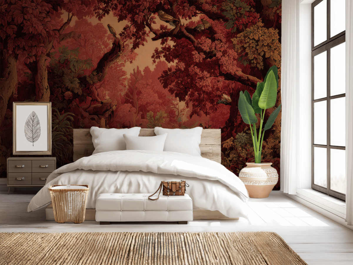 Vintage deep red woodland mural wallpaper – design detail