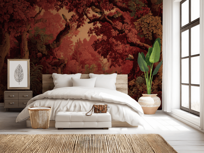 Vintage deep red woodland mural wallpaper – design detail