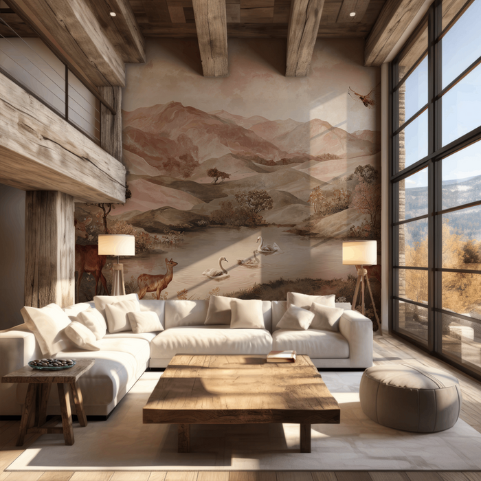 Rustic mountain landscape mural wallpaper – design detail