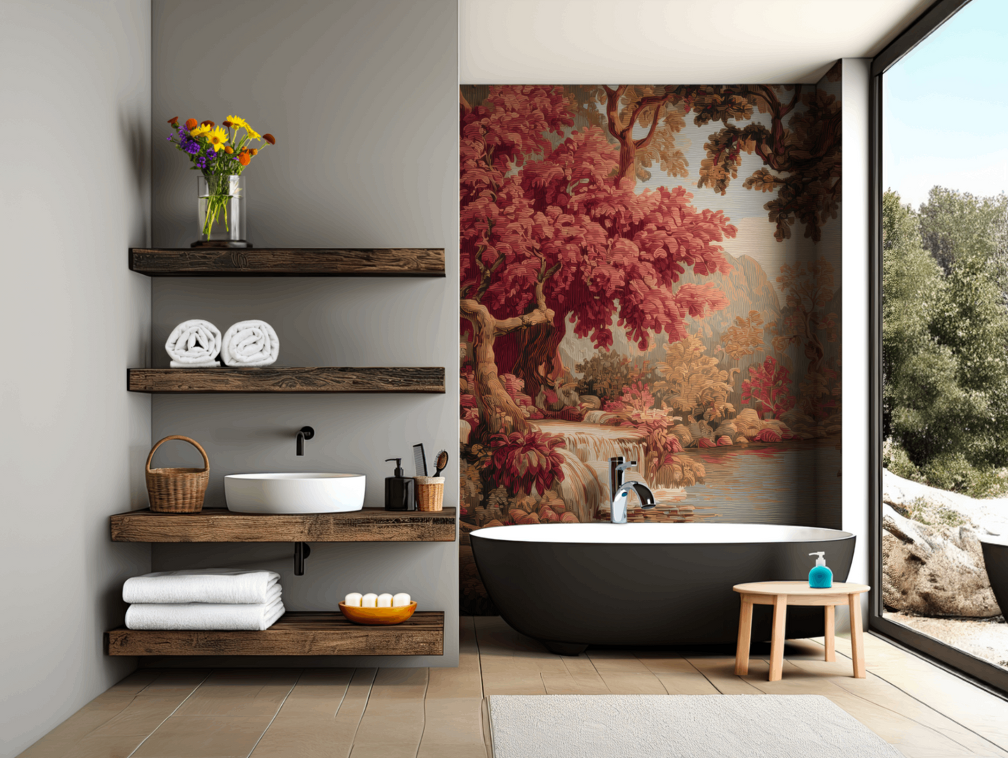 Vintage Red Forest Mural Wallpaper – Luxurious Woodland Scenic Design
