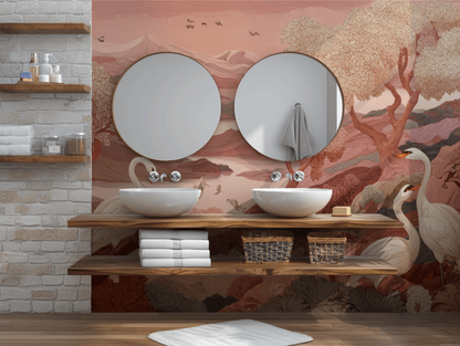 Autumnal Warm Swan Landscape Mural Wallpaper