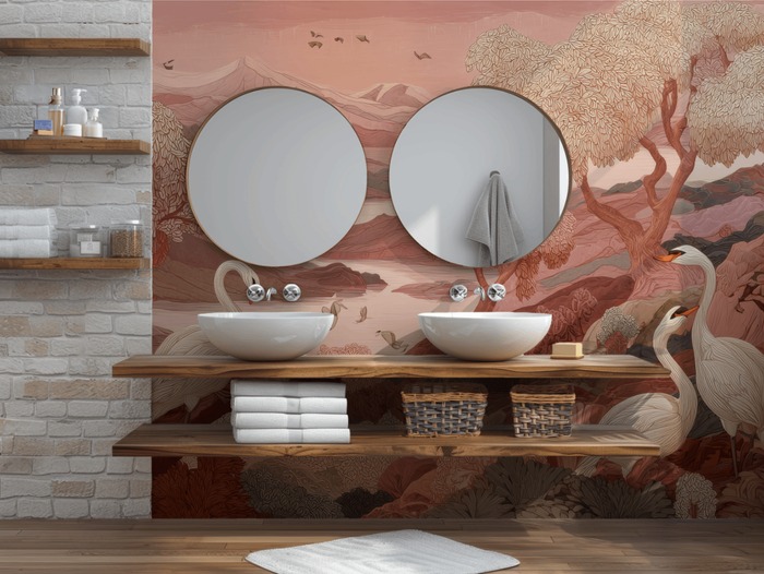 Autumnal warm swan landscape mural wallpaper – design detail