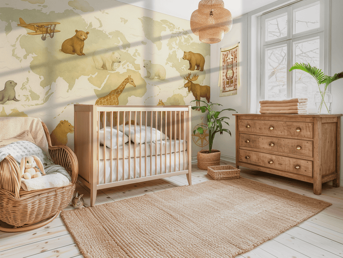 Nursery room with wooden crib, dresser, and wall mural of animals.