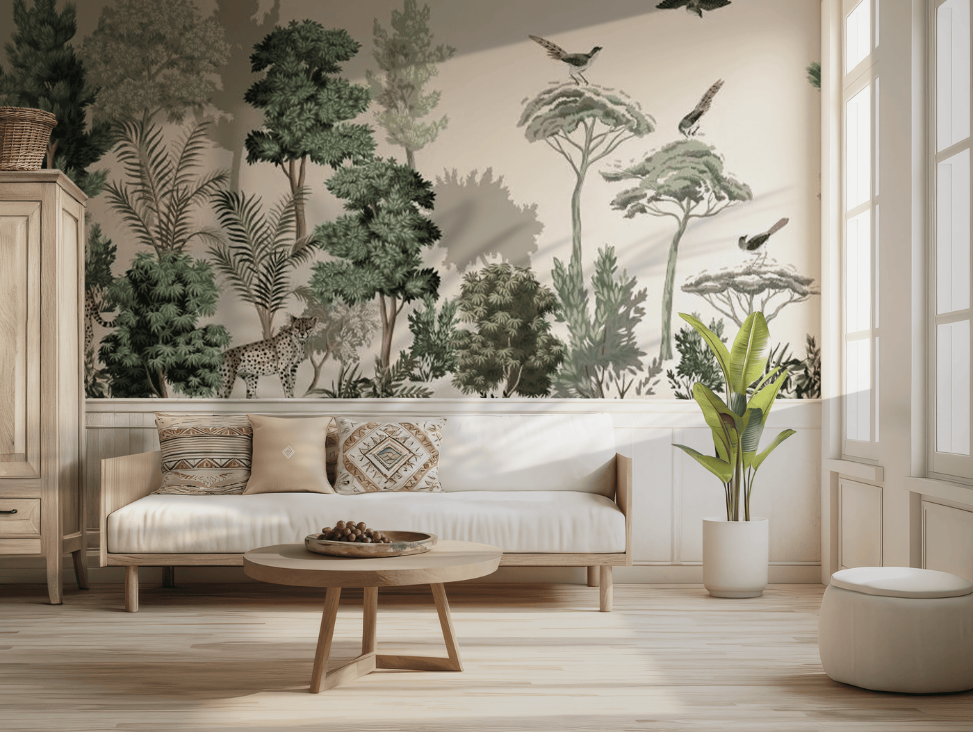 Neutral woodland forest children's mural wallpaper – design detail