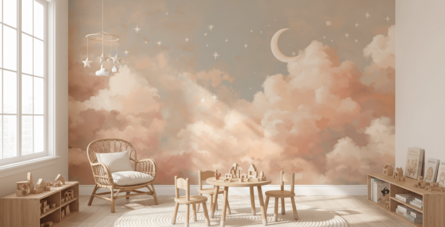 Children's room with a cloud-themed wall mural, wooden furniture, and toys.