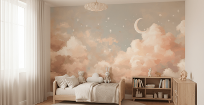 Children's bedroom with a wall mural of clouds and stars, featuring a bed and bookshelf.