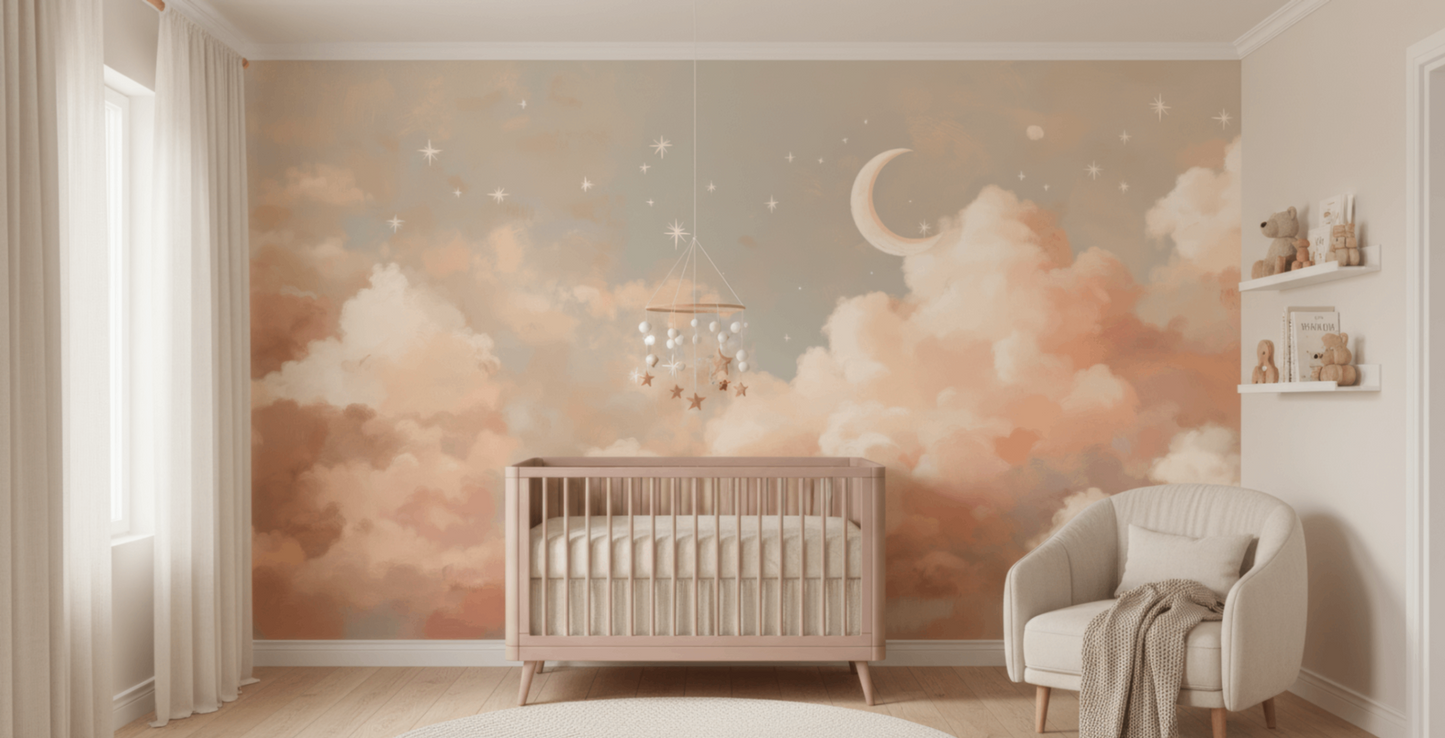 Nursery room with a crib against a wall mural of clouds and stars.