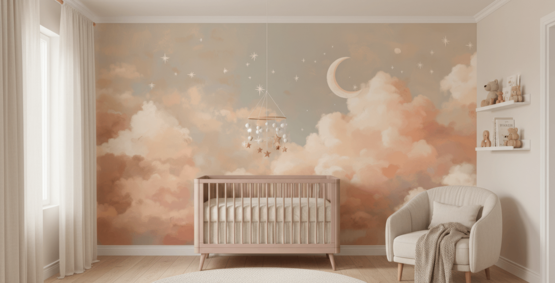 Nursery room with a crib against a wall mural of clouds and stars.