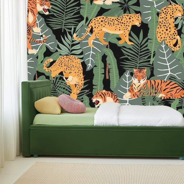 Vibrant orange and yellow leopard jungle mural wallpaper