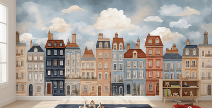 Wallpaper with a colorful depiction of European-style buildings.