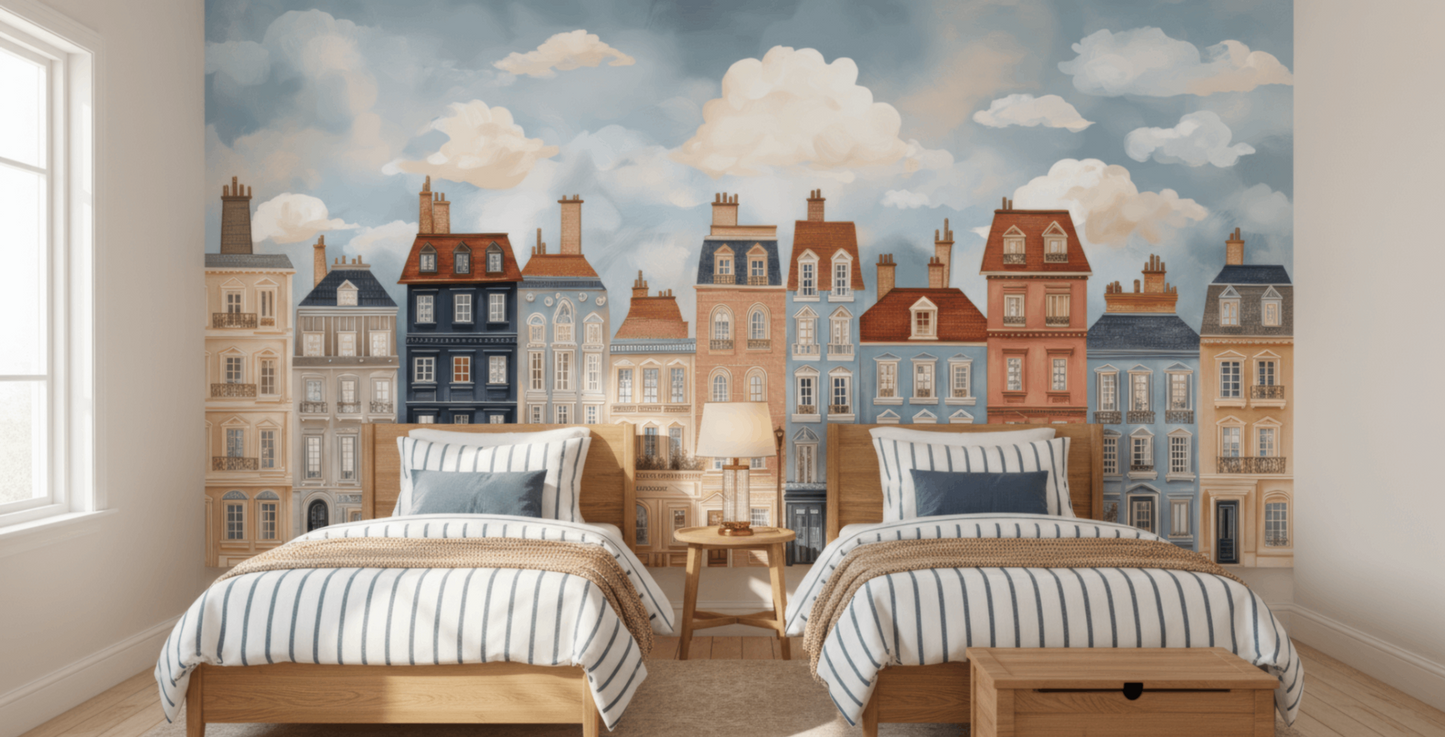 Bedroom with cityscape mural on the wall