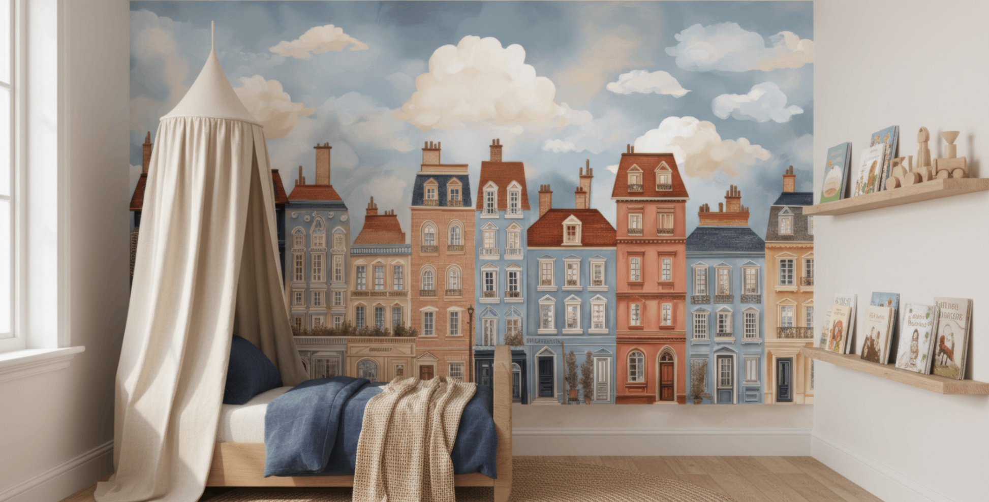 Bedroom with a mural of colorful buildings on the wall