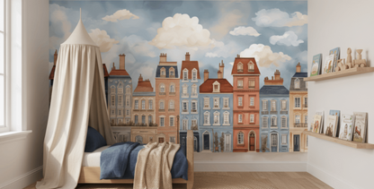 Bedroom with a mural of colorful buildings on the wall