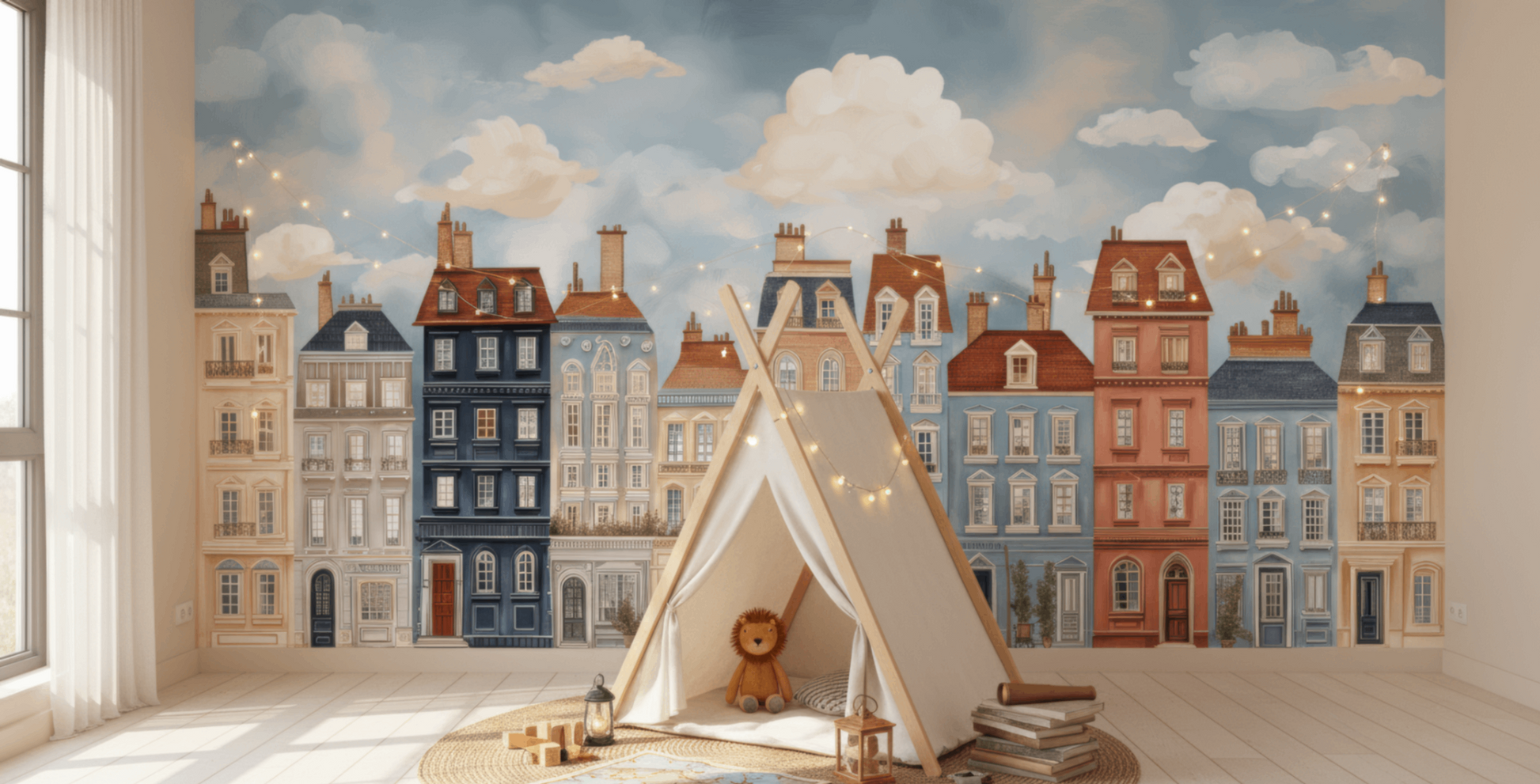 Children's room with a teepee, teddy bear, and cityscape mural on the wall.