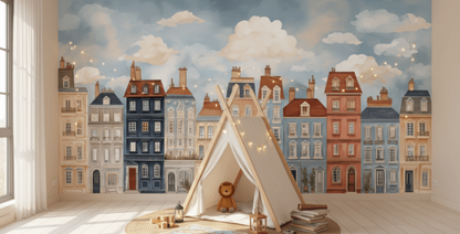 Children's room with a teepee, teddy bear, and cityscape mural on the wall.