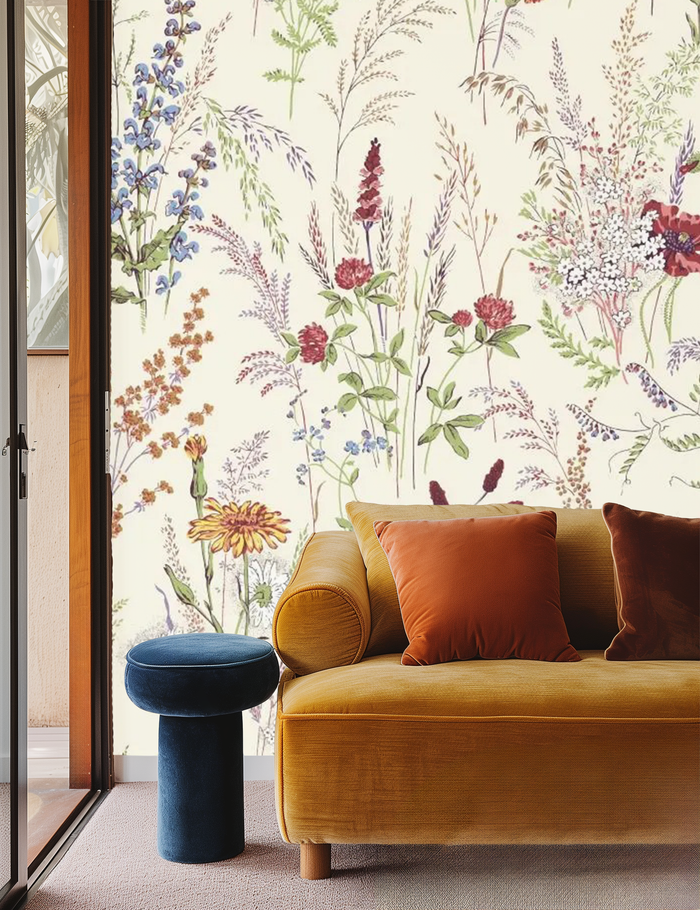 Neutral wispy floral mural wallpaper