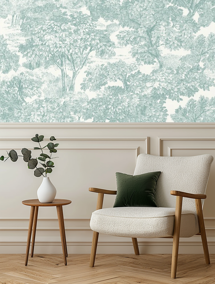 Blue and white forest haven mural wallpaper – design detail