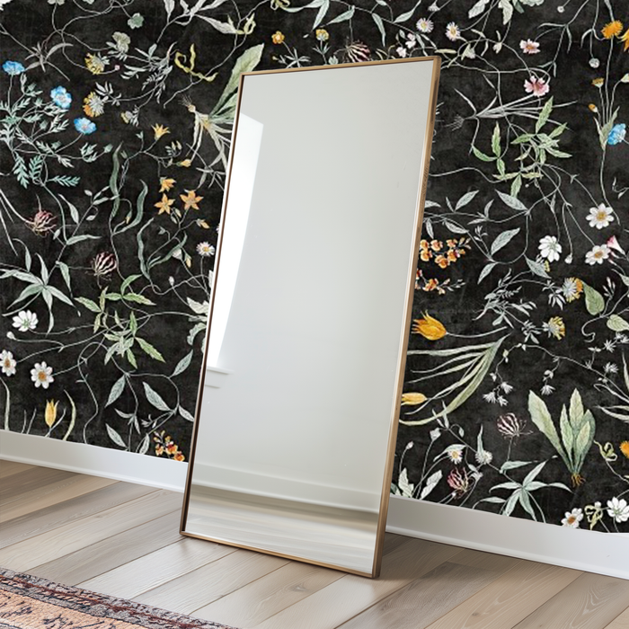 Midnight black floral greenery mural wallpaper