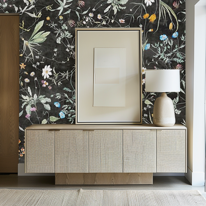 Midnight black floral greenery mural wallpaper – design detail