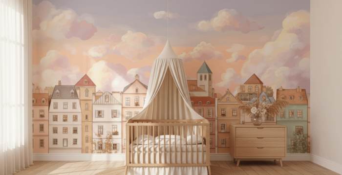 Pastel townhouse children's mural wallpaper for a kids' room