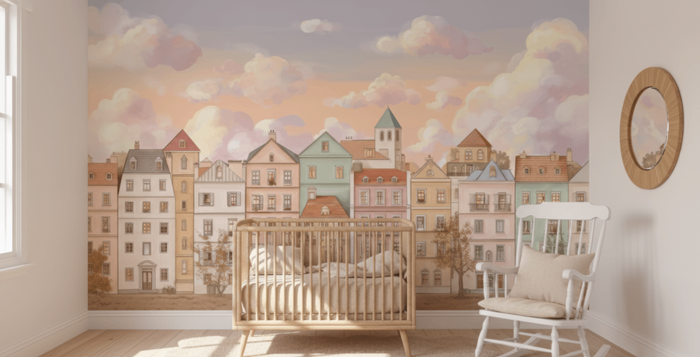 Pastel townhouse children's mural wallpaper – design detail