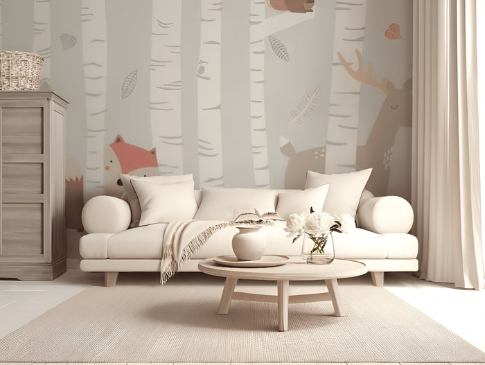Grey woodlands mural wallpaper for a nursery