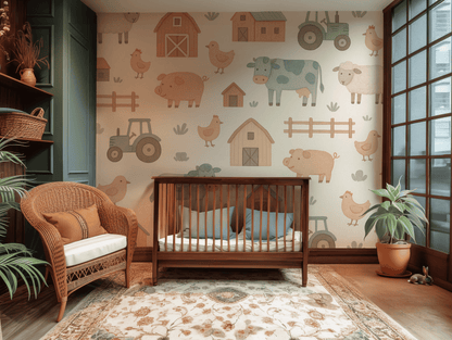 Nursery room with wooden crib, wicker chair, and farm-themed wallpaper.