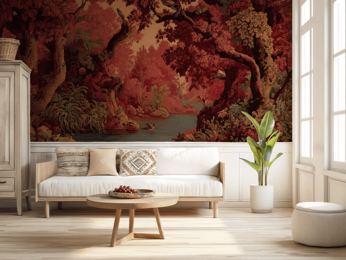 Vintage deep red woodland mural wallpaper – design detail