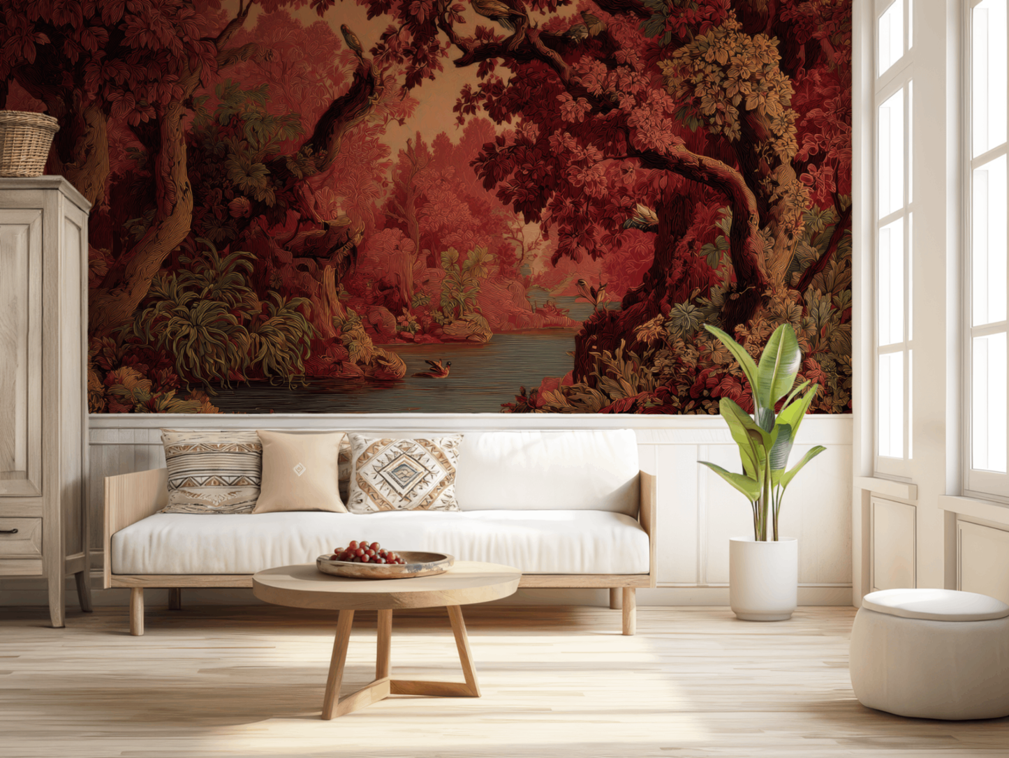 Vintage Deep Red Woodland Mural Wallpaper