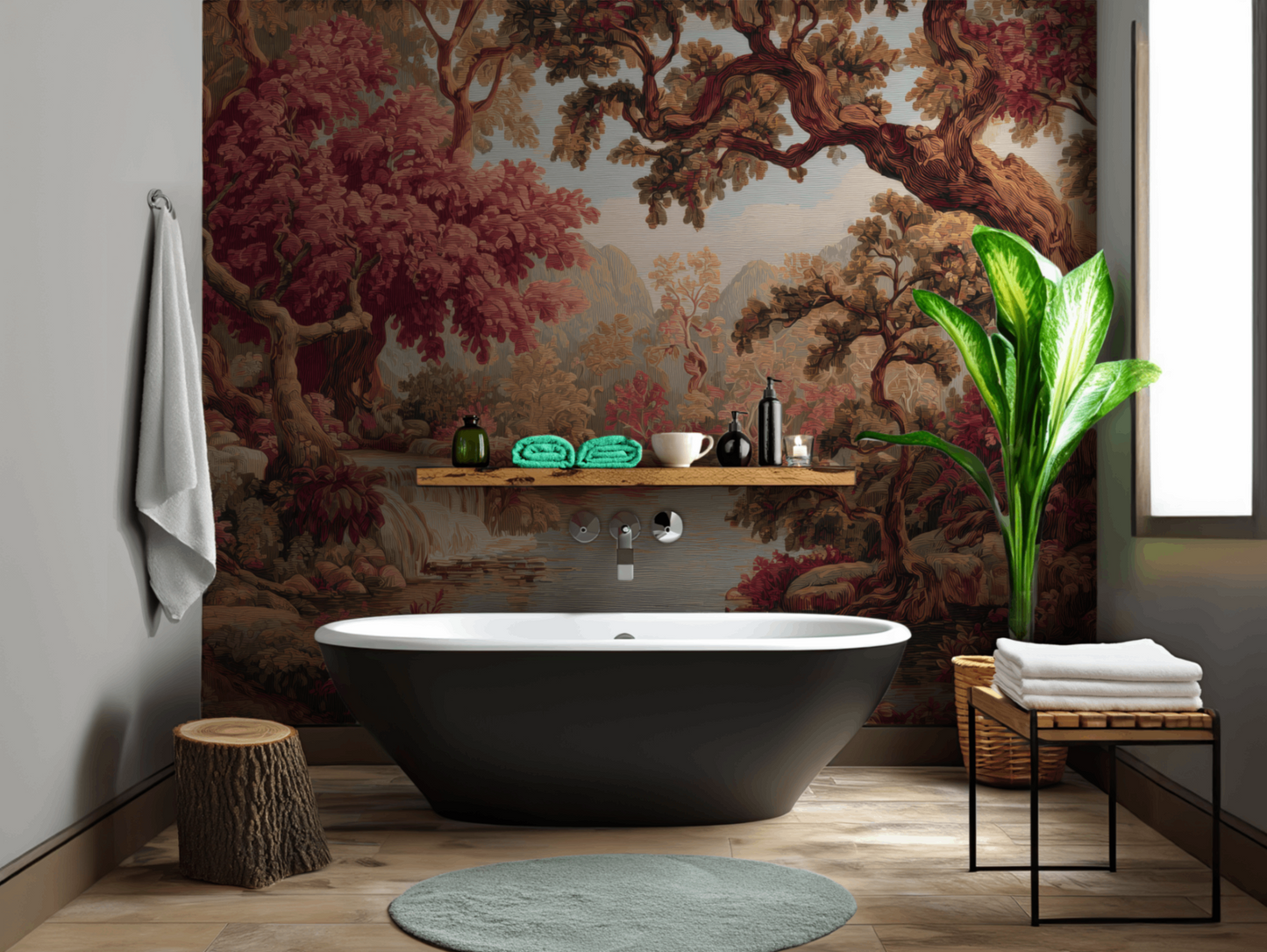 Vintage Red Forest Mural Wallpaper – Luxurious Woodland Scenic Design