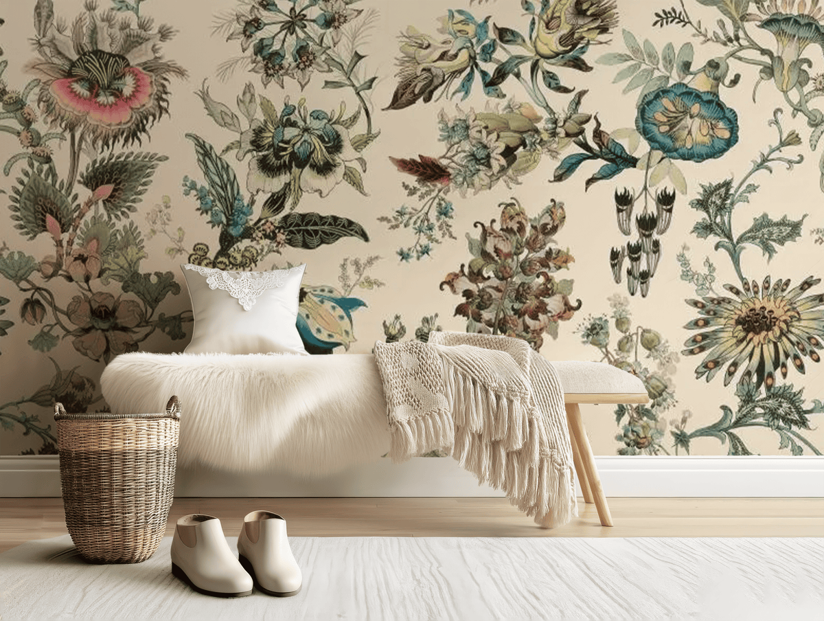 Vintage beige flowers mural wallpaper – design detail