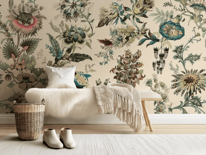Vintage beige flowers mural wallpaper – design detail