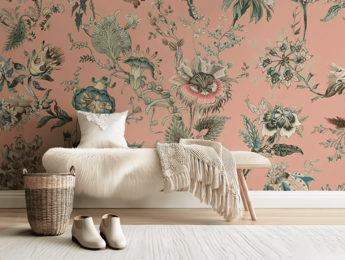 Vintage pink flowers mural wallpaper