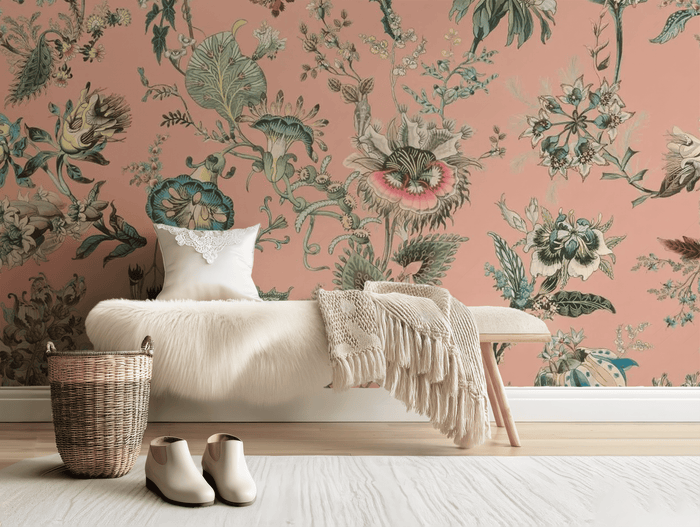 Vintage pink flowers mural wallpaper