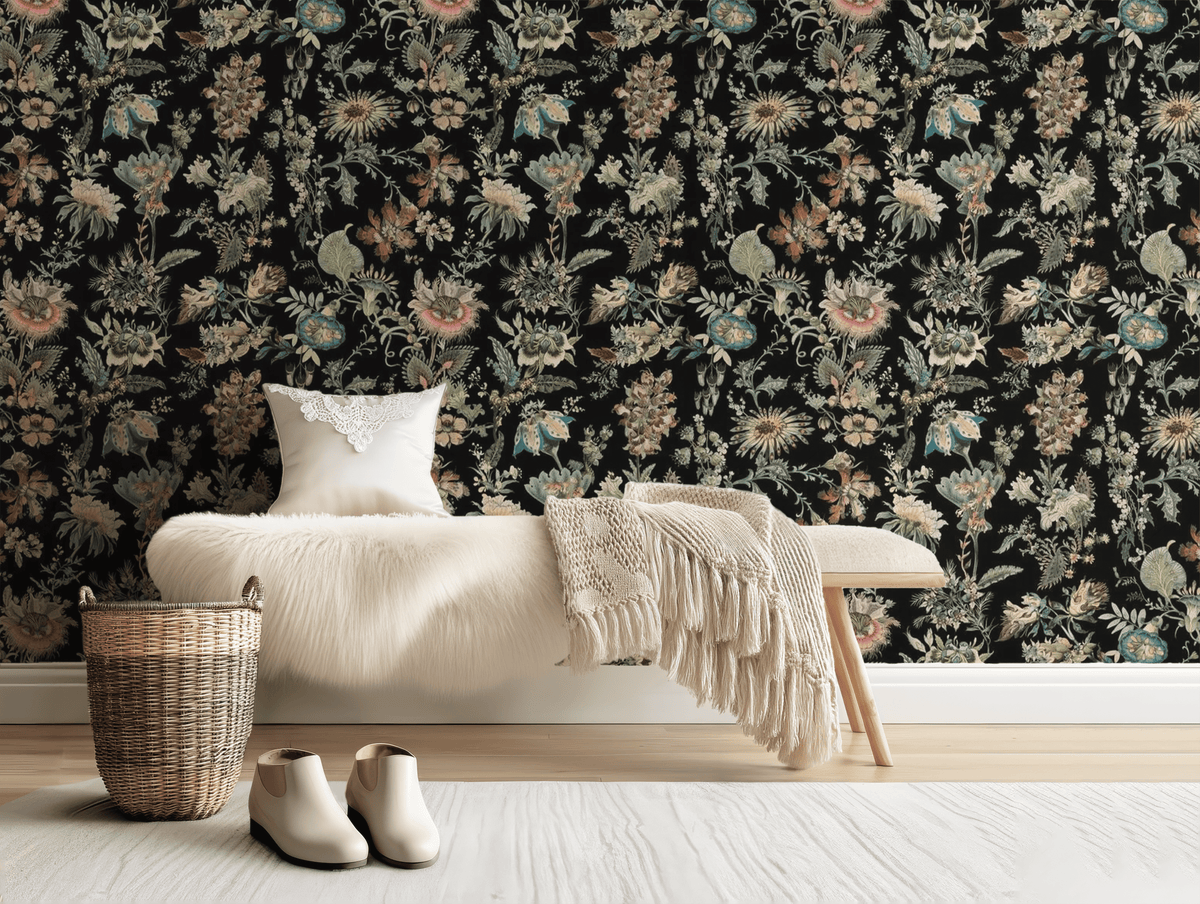 Vintage black flowers mural wallpaper – design detail