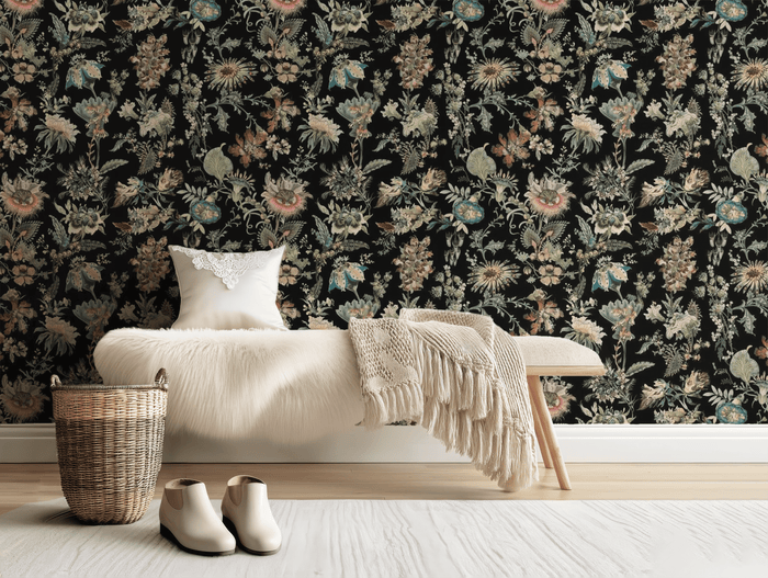 Vintage black flowers mural wallpaper – design detail