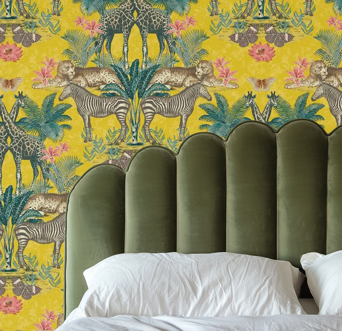 Yellow animal jungle kingdom mural wallpaper