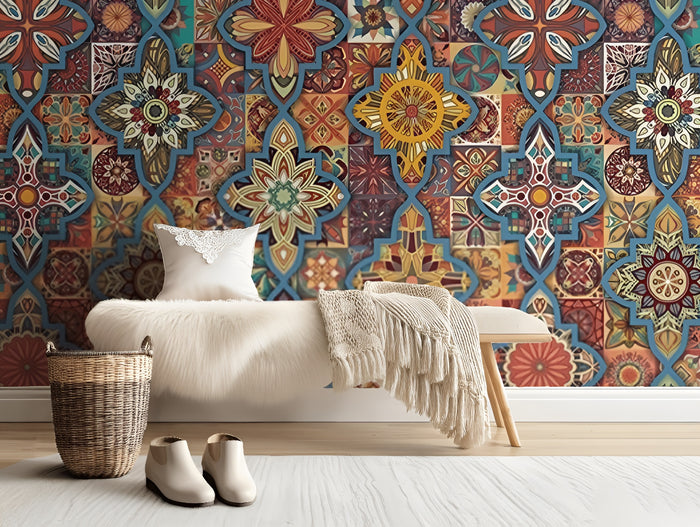 Orange and blue mosaic art mural wallpaper – design detail